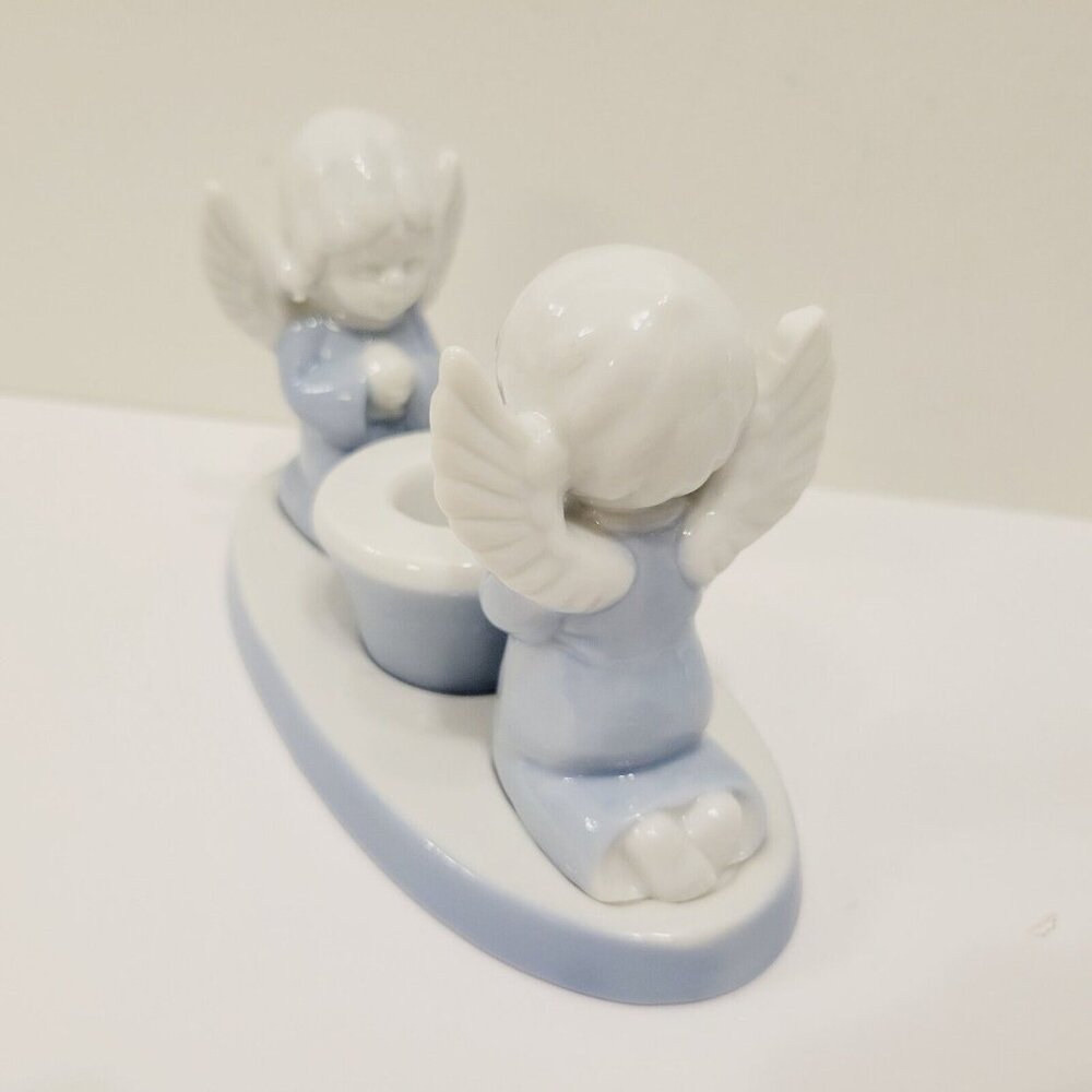 Vtg Biedermann Two Kneeling Angels Blue White Candle Holder